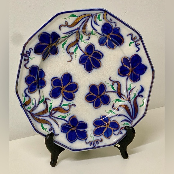 19th Century Vtg Gaudy Ironstone 10 Sided Flow Blue Copper Lusterware Plate - Picture 8 of 15